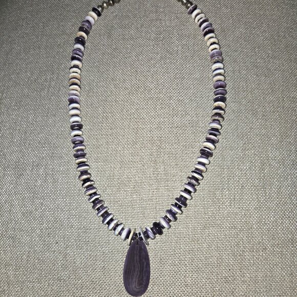 Wampum Beaded Necklace with Wampum Drop - Picture 4 of 6
